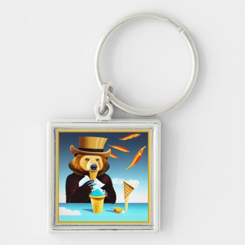 Surreal Bear In Top Hat Eats Ice Cream And Fish Keychain
