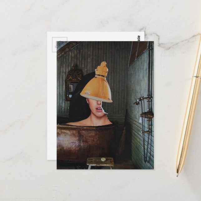 Surreal Beautiful woman in copper bathtub collage Postcard (Front/Back In Situ)
