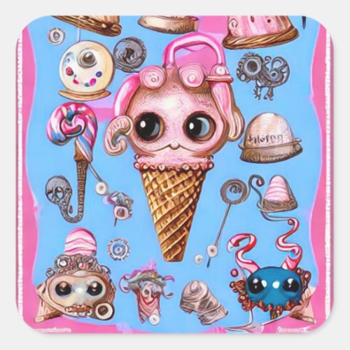 Surreal Big Eyes Ice Cream Cone Square Sticker