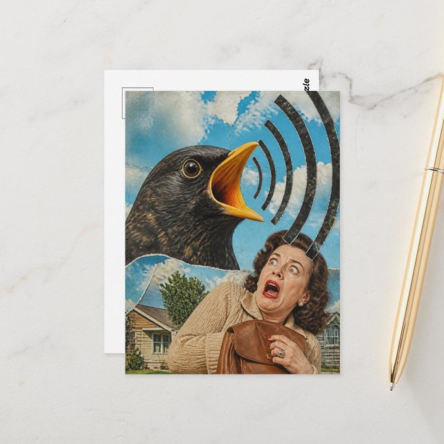 Surreal Bird Screams at Woman Collage Postcard (Front/Back In Situ)