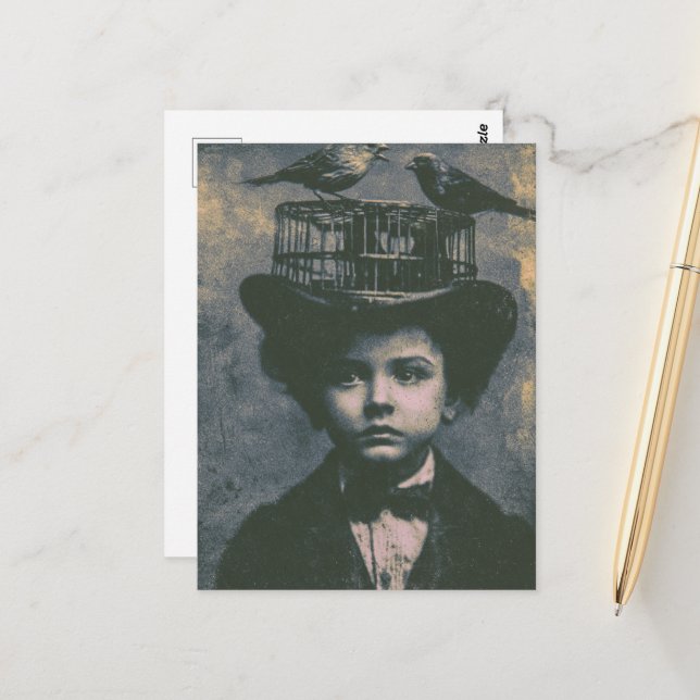 Surreal Black and White Caged Bird and Child Retro Postcard (Front/Back In Situ)