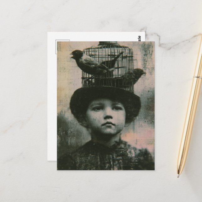 Surreal Black and White Caged Bird and Child Retro Postcard (Front/Back In Situ)