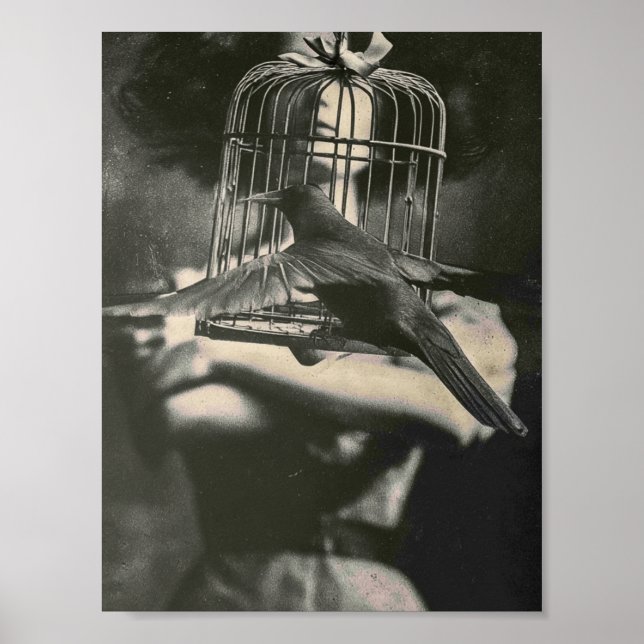 Surreal Black and White Caged Bird and Lady Poster (Front)