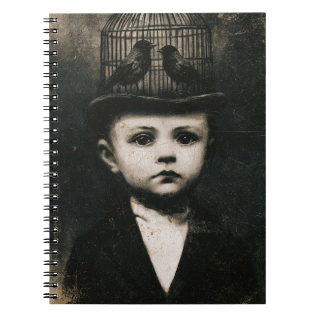 Surreal Black and White Caged Bird Hat Child Notebook (Front)