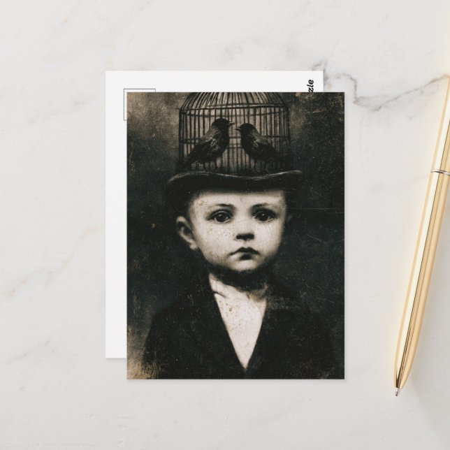 Surreal Black and White Caged Bird Hat Child Postcard (Front/Back In Situ)