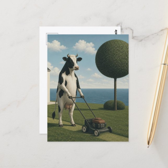 Surreal Black and White Cow Mowing the Lawn Postcard (Front/Back In Situ)