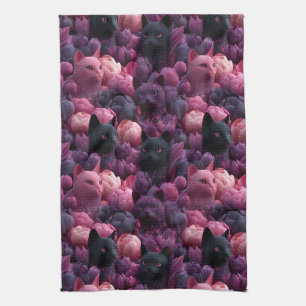 Surreal Black Cat and Pink Peony Floral Pattern Kitchen Towel