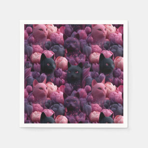 Surreal Black Cat and Pink Peony Floral Pattern Napkins
