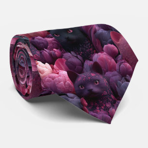 Surreal Black Cat and Pink Peony Floral Pattern Neck Tie