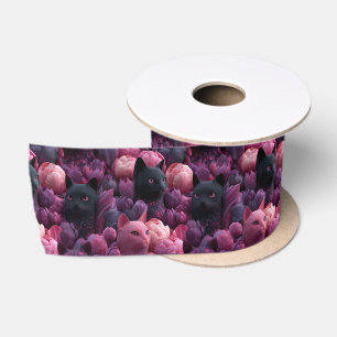 Surreal Black Cat and Pink Peony Floral Pattern Satin Ribbon
