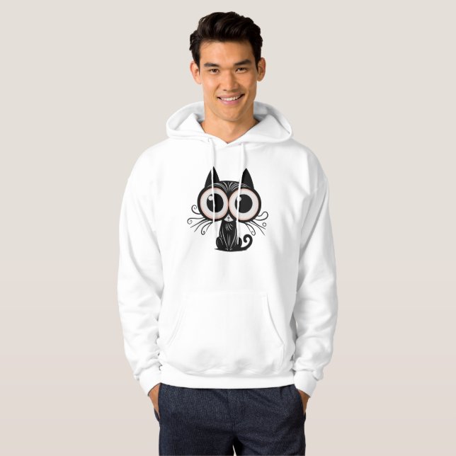 Surreal Black Cat with Big Eyes - Mystical Art Hoodie (Front Full)