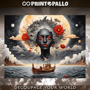 Surreal black woman dreaming of sea and moon tissue paper