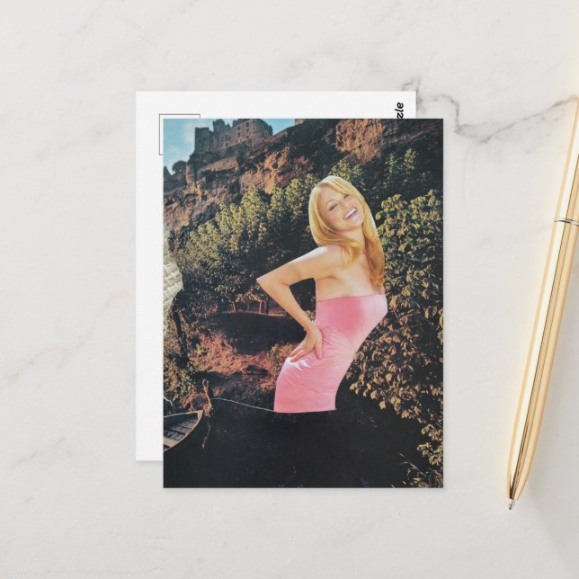 Surreal Blond Woman in a Pink Dress Collage Postcard (Front/Back In Situ)