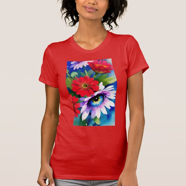 Surreal Blue Eye Pink Flower & Red Zenias T-Shirt (Front)