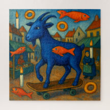 Surreal Blue Goat on Skateboard Puzzle