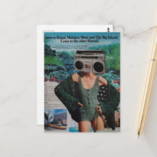 Surreal Boombox Hawaii Woman Collage Postcard