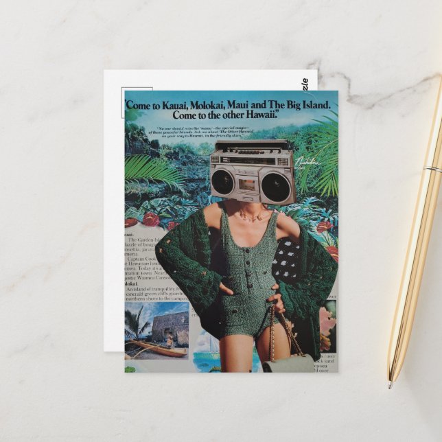 Surreal Boombox Hawaii Woman Collage Postcard (Front/Back In Situ)