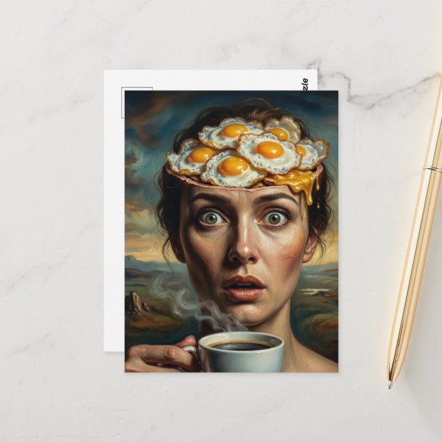 Surreal Breakfast Eggs and Coffee Woman  Postcard (Front/Back In Situ)