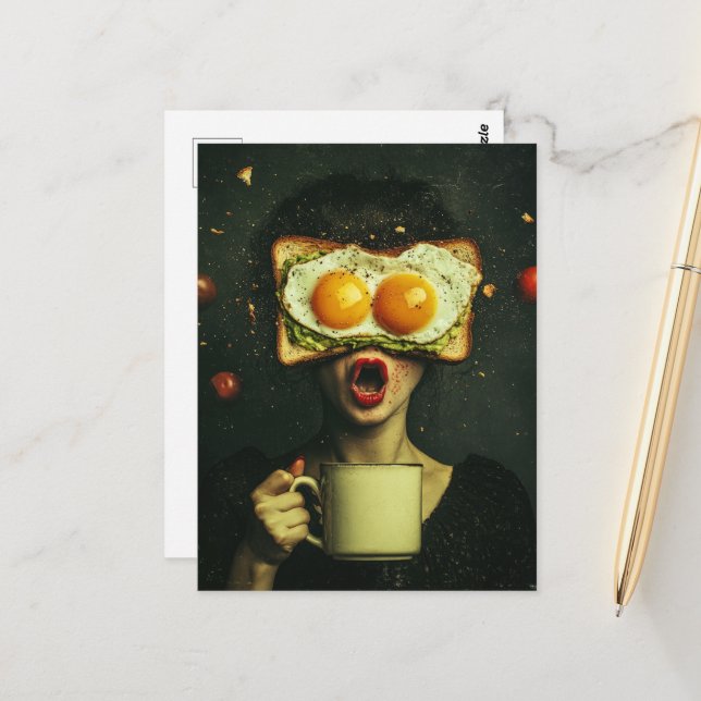 Surreal Breakfast Woman With a Flying Tomatos Postcard (Front/Back In Situ)