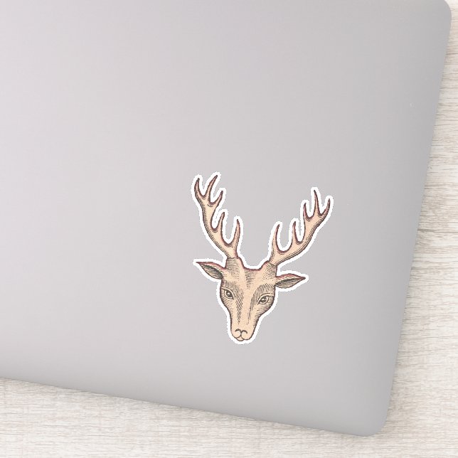Surreal Brown Deer Head Black Etched Face Antlers Sticker (Detail)
