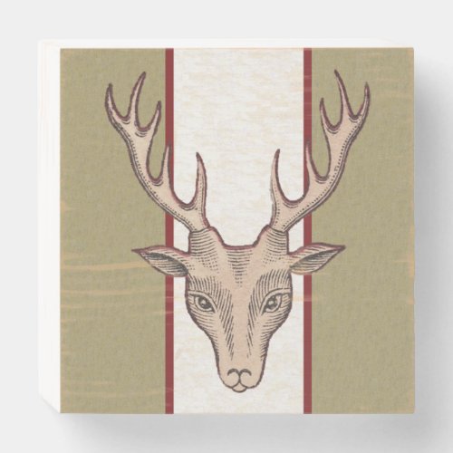 Surreal Brown Male Deer Head Black Etchings Stripe Wooden Box Sign