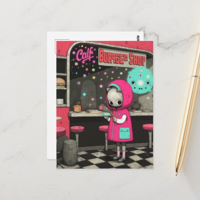 Surreal Burger Shop Cat in a Pink Jacket Postcard (Front/Back In Situ)