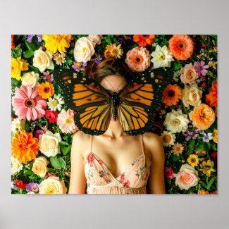 Surreal Butterfly Mask Woman in Floral Garden