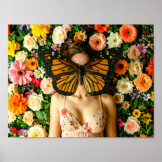 Surreal Butterfly Mask Woman in Floral Garden Poster