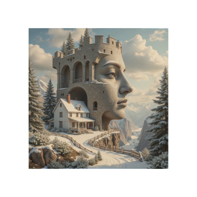 Surreal Castle Face in Snowy Mountains – Fantasy Wood Wall Art (Front)