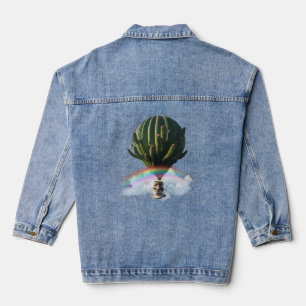 Surreal Cat Hot Air Balloon with Cactus & Rainbow Denim Jacket