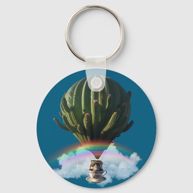 Surreal Cat Hot Air Balloon with Cactus & Rainbow Keychain (Front)
