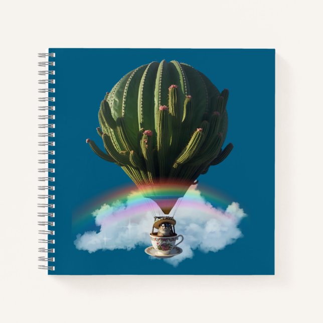 Surreal Cat Hot Air Balloon with Cactus & Rainbow Notebook (Front)