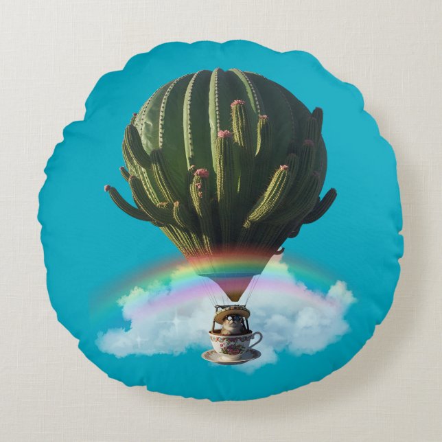 Surreal Cat Hot Air Balloon with Cactus & Rainbow Round Pillow (Front)
