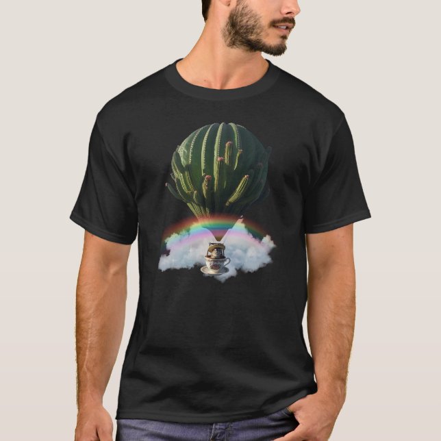 Surreal Cat Hot Air Balloon with Cactus & Rainbow T-Shirt (Front)