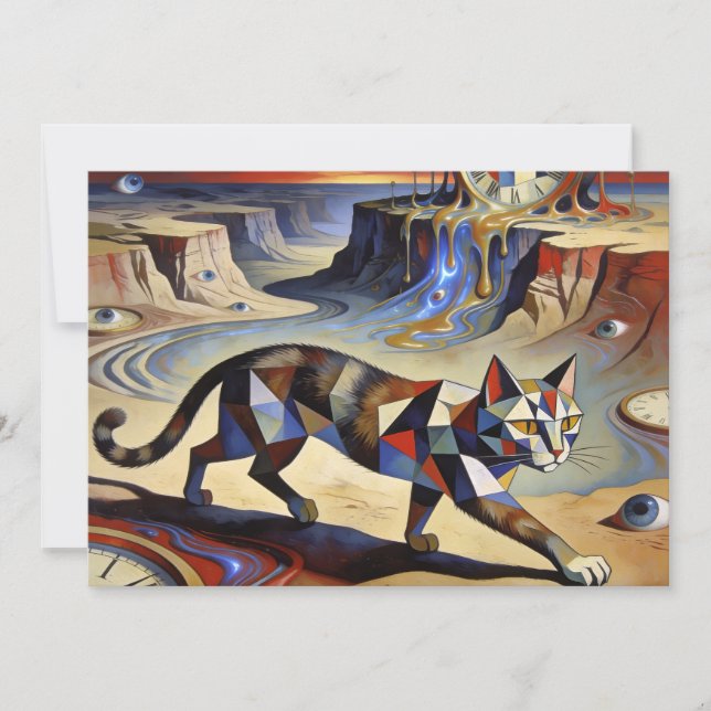 Surreal Cat Melting Clocks Dali Picasso Inspired Invitation (Front)