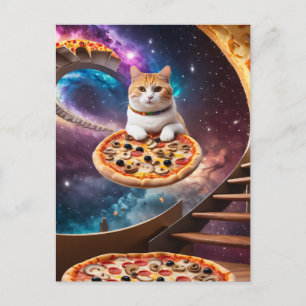 Surreal Cat on a Flying Pizza Postcard