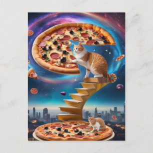 Surreal Cat on a Pizza Golden Stairs Postcard