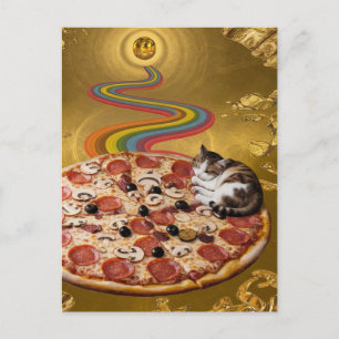 Surreal Cat on a Pizza Postcard