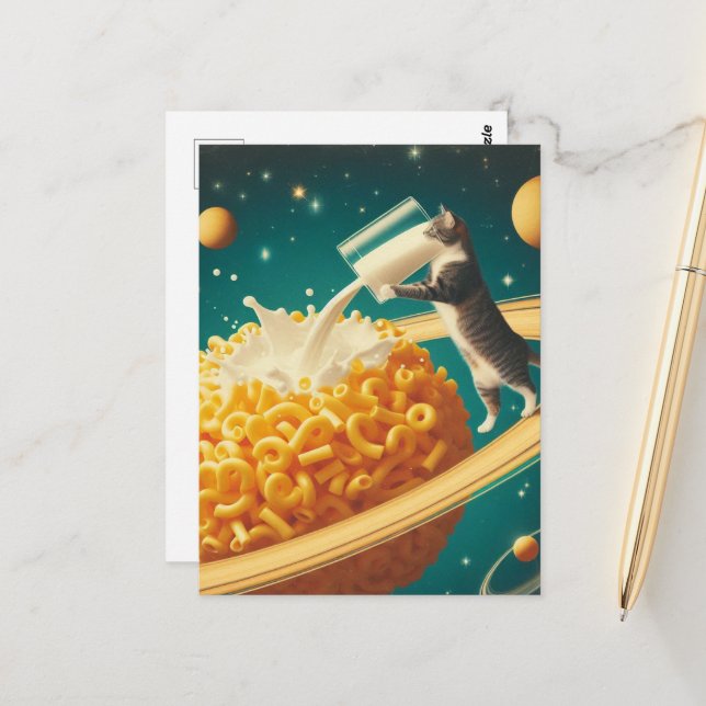 Surreal Cat With Glass of Milk on Planet of Pasta Postcard (Front/Back In Situ)