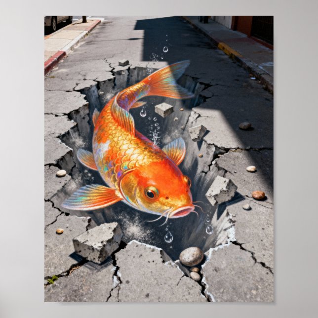 Surreal Chalk Art Goldfish Concrete Poster (Front)