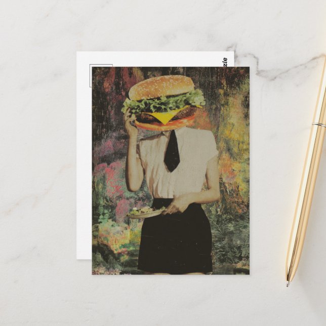 Surreal Cheeseburger Woman Holds Salad Plate Postcard (Front/Back In Situ)