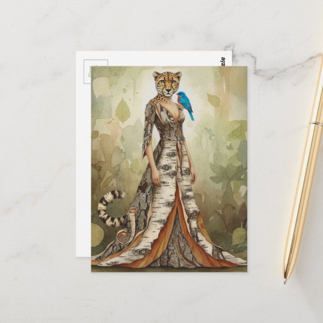 Surreal Cheetah Lady in Birch Bark Dress Fashion  Postcard (Front/Back In Situ)