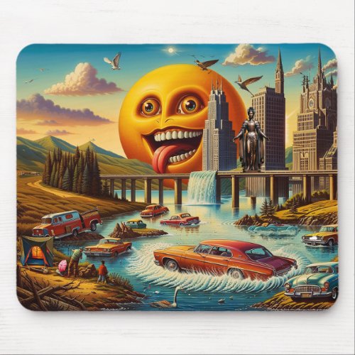 Surreal Cityscape with Anthropomorphic Sun Mouse Pad