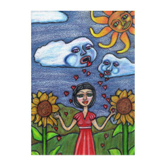 Surreal Clouds Raining Hearts Over Lady Sunflowers Acrylic Print