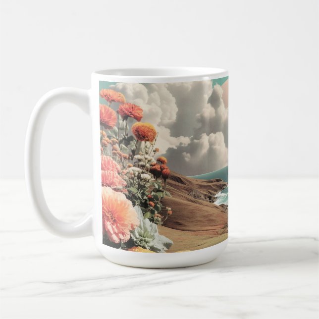 Surreal Coastal Landscape With Flowers And Clouds Coffee Mug (Left)