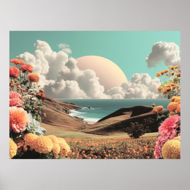 Surreal Coastal Landscape With Flowers And Clouds Poster (Front)