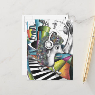 surreal colorful hedgehog listens to music postcard
