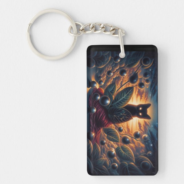 Surreal Cosmic Cat with Glowing Eyes and Stars Keychain (Front)