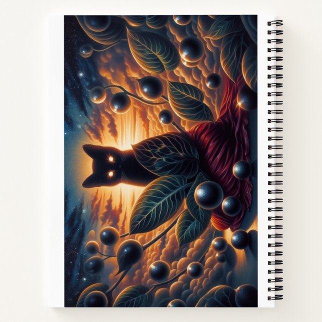 Surreal Cosmic Cat with Glowing Eyes and Stars Notebook (Back)