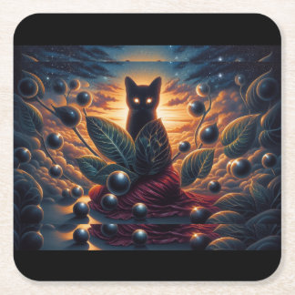 Surreal Cosmic Cat with Glowing Eyes and Stars Square Paper Coaster